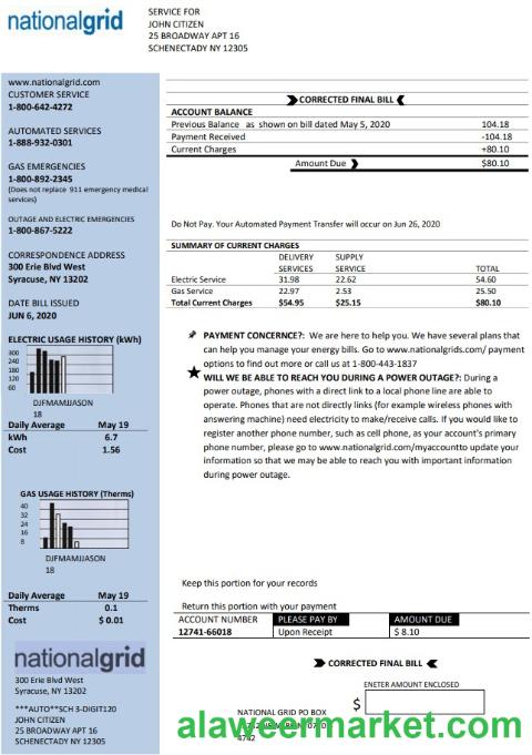 USA New York National Grid utility bill template in Word and PDF format